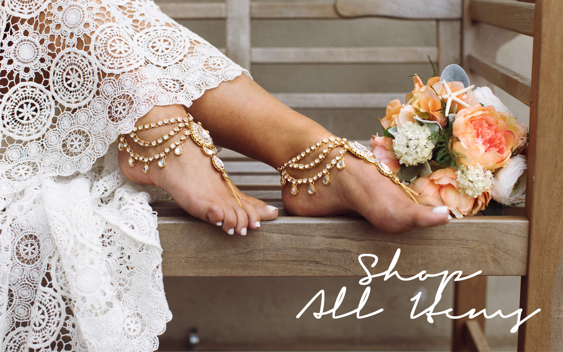 Shop All Items: barefoot sandals, foot jewelry, anklets, hand chain and hair jewelry from Bare Sandals
