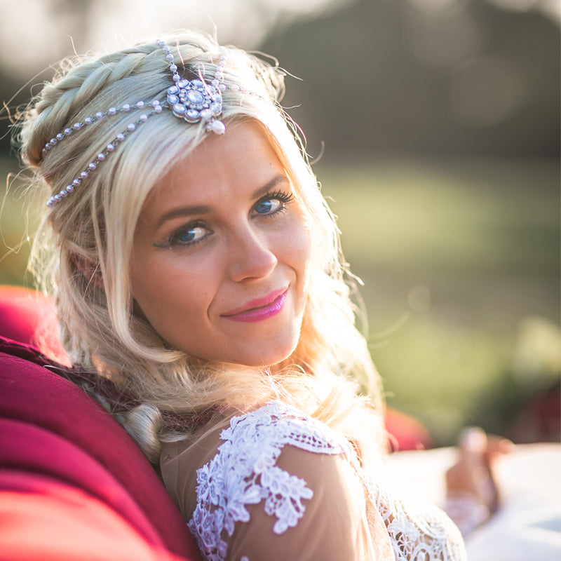 Bride wearing Bia Head Chain in Silver